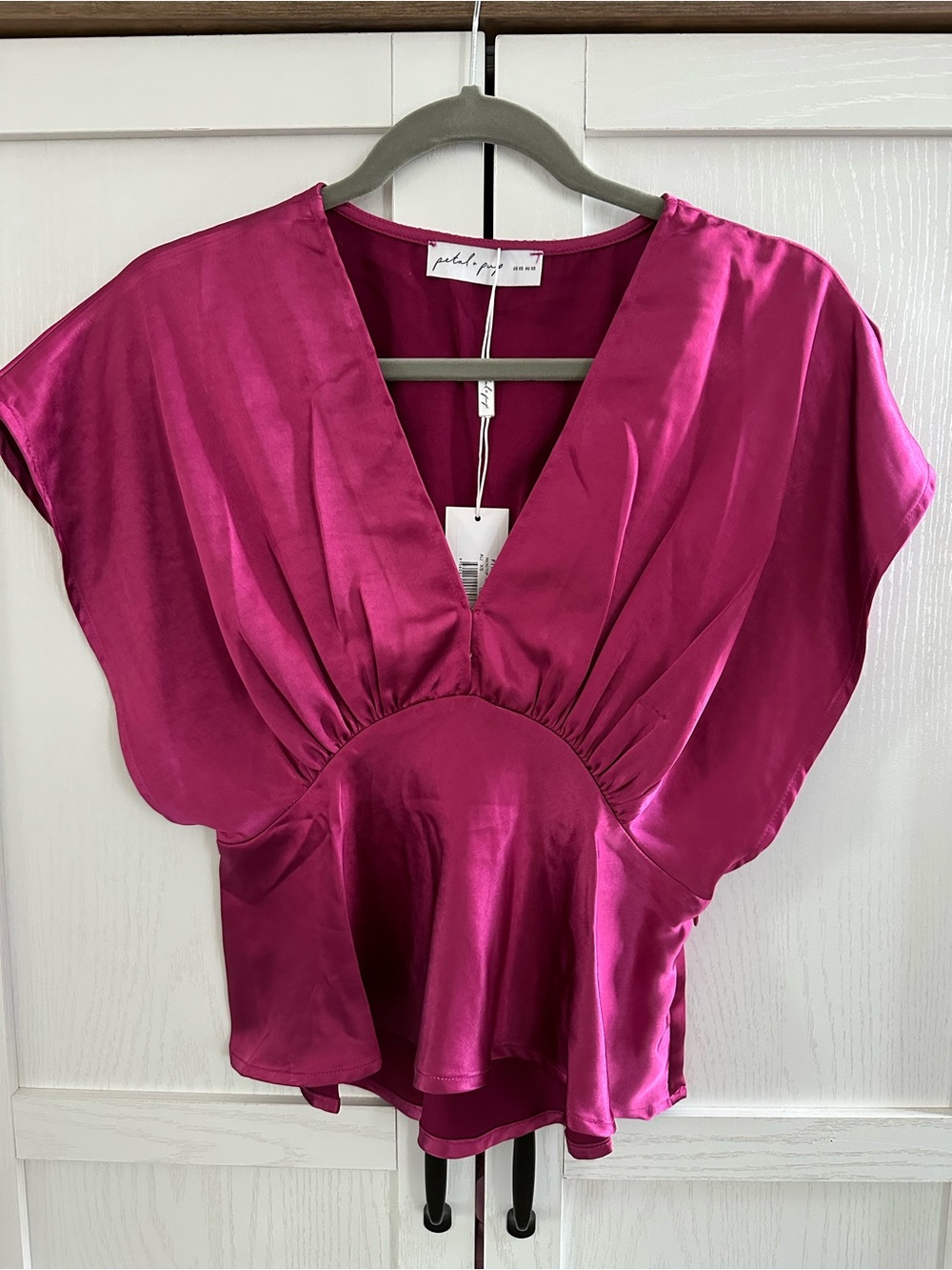 Petal & Pup Magenta Satin V-Neck Peplum Blouse